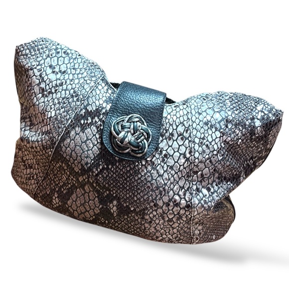 BRIGHTON Python Embossed Shoulder Bag Gray / Black Genuine Leather Braided Strap - Picture 3 of 13